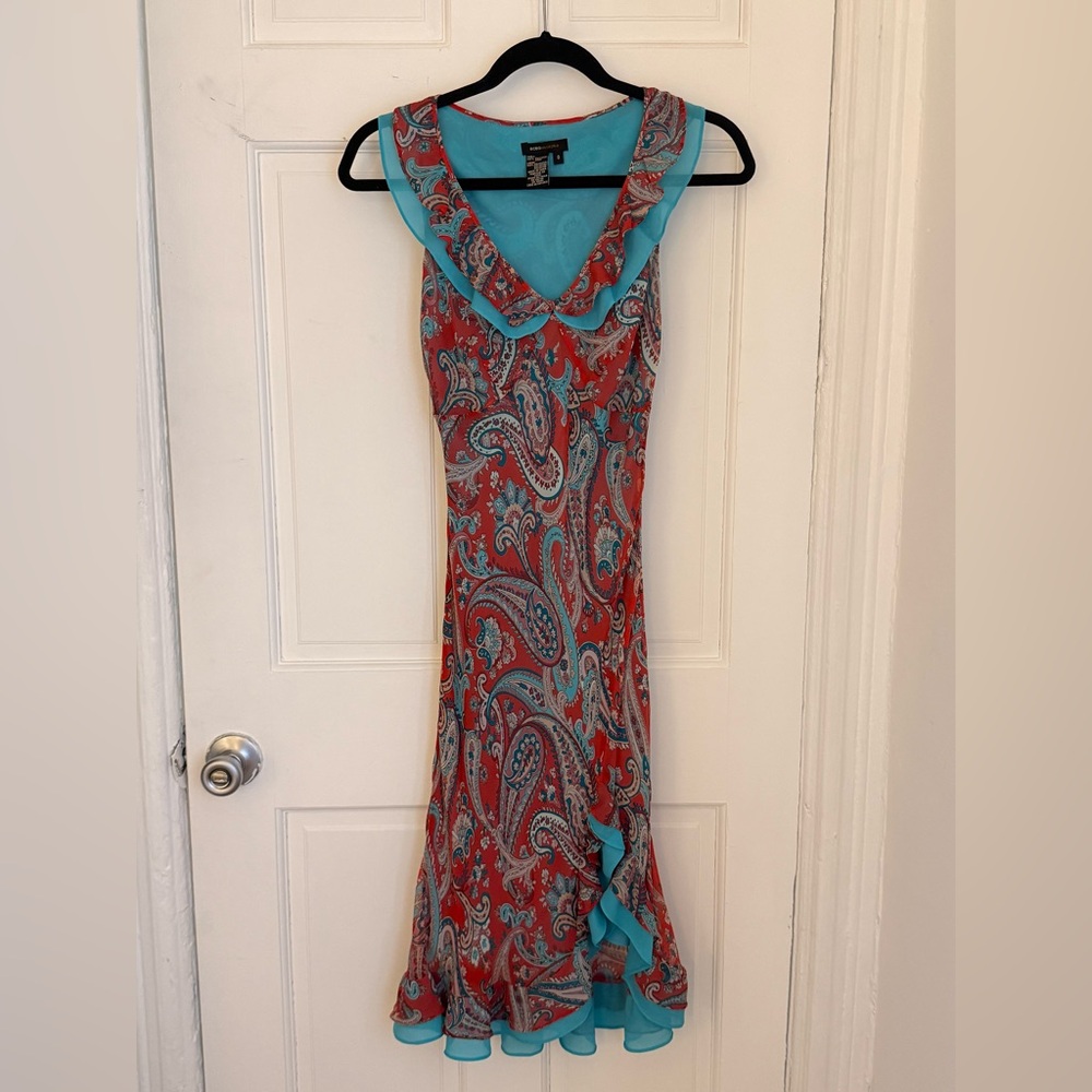 BCBGMAXAZRIA silk ruffle paisley slip on dress XS